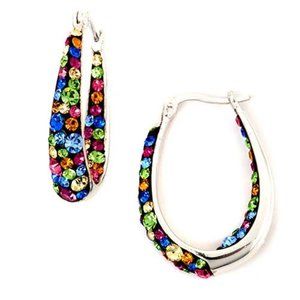 Silver plated brass multi color crystal hoops.